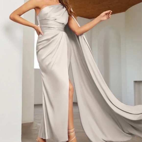 Luxe Green One shoulder party formal evening Prom Satin Wedding dress - Picture 12 of 16